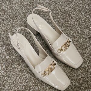 Sam Edelman Cream Patent Slingback Loafers with Gold Chain